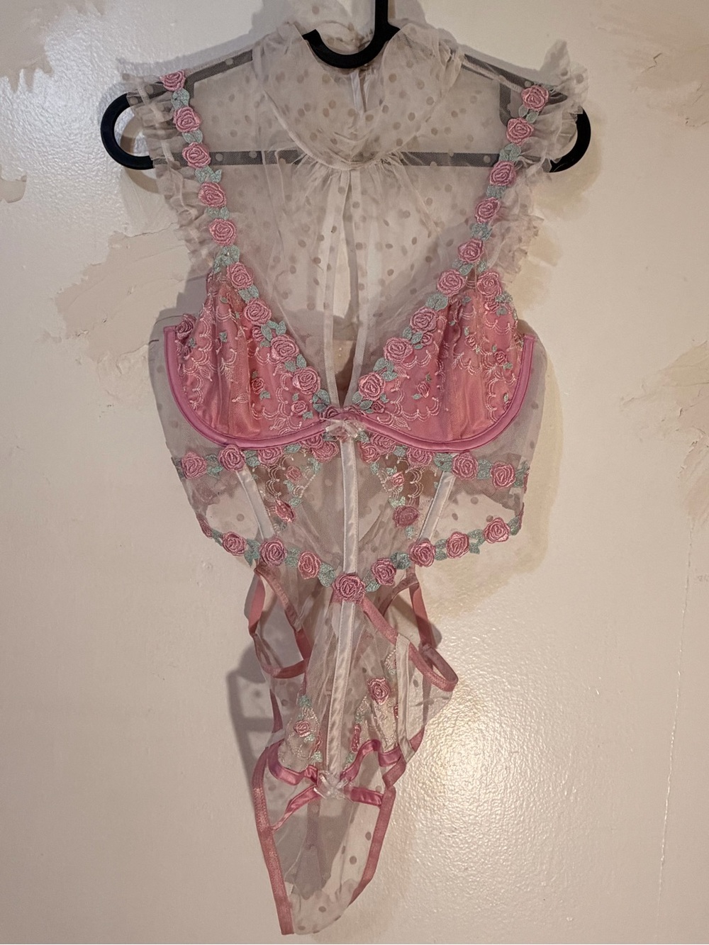 For Love & Lemons Sheer Pink Floral Appliqué Lace Teddy Bodysuit